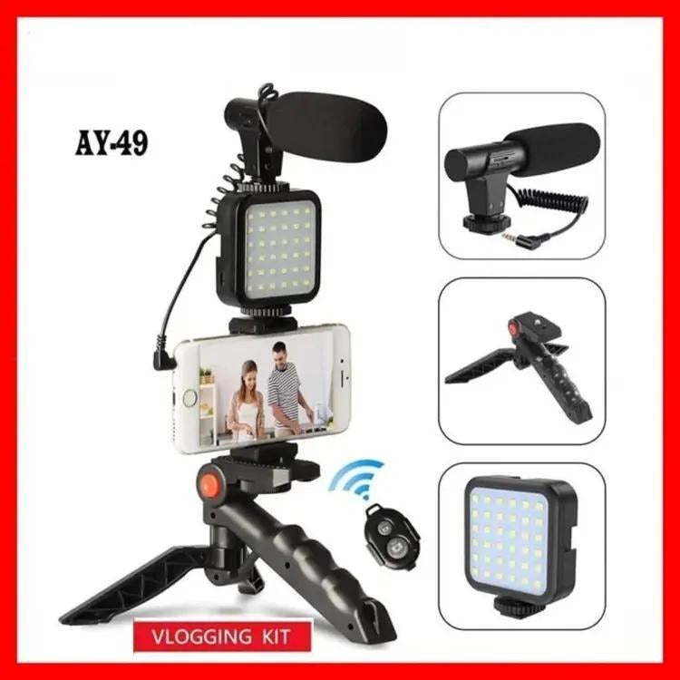 🎥✨ AY-49 Vlogger Kit 📱 Mic 🎤, LED Light 💡, Mini Tripod & Mobile Holder 🔄 | Complete Video Making Setup for Vlogging & Reels 🔥