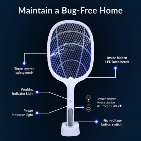 🦟⚡ USB Rechargeable Mosquito Racket Electric Insect Killer Bat with Stand 🔋 | For Indoor & Outdoor Use 🏠