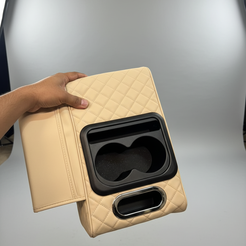 🚗🖤 Car Armrest Cushion with Cup Holder ✨ Comfortable Driving Support 💺 | Built-In Storage & Drink Holder 🥤🔥