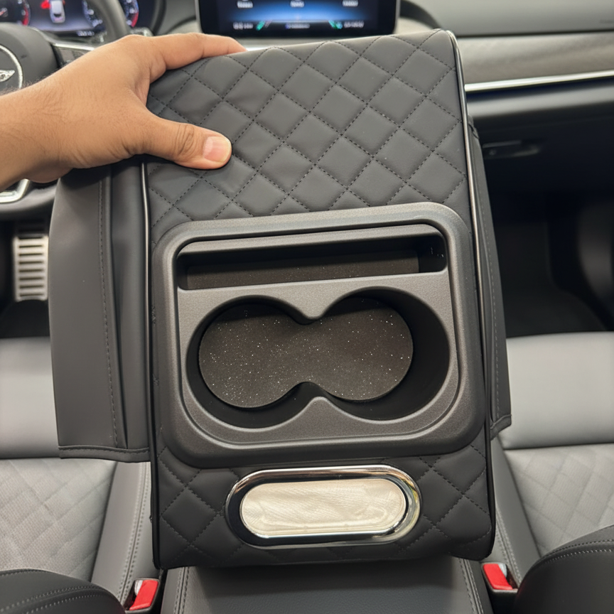 🚗🖤 Car Armrest Cushion with Cup Holder ✨ Comfortable Driving Support 💺 | Built-In Storage & Drink Holder 🥤🔥