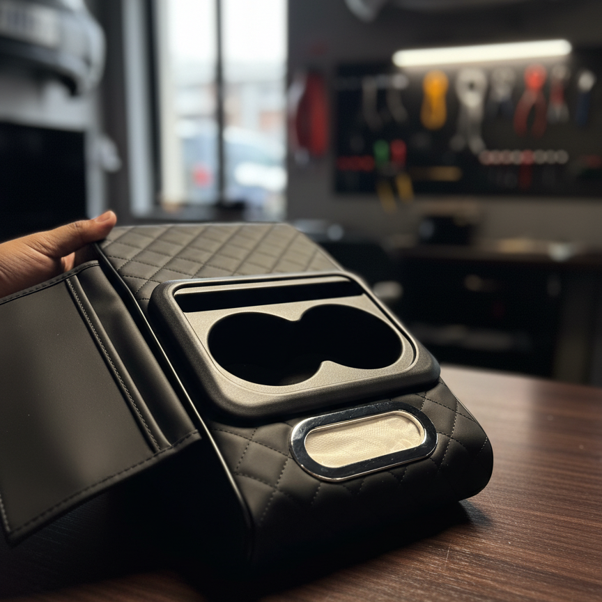 🚗🖤 Car Armrest Cushion with Cup Holder ✨ Comfortable Driving Support 💺 | Built-In Storage & Drink Holder 🥤🔥