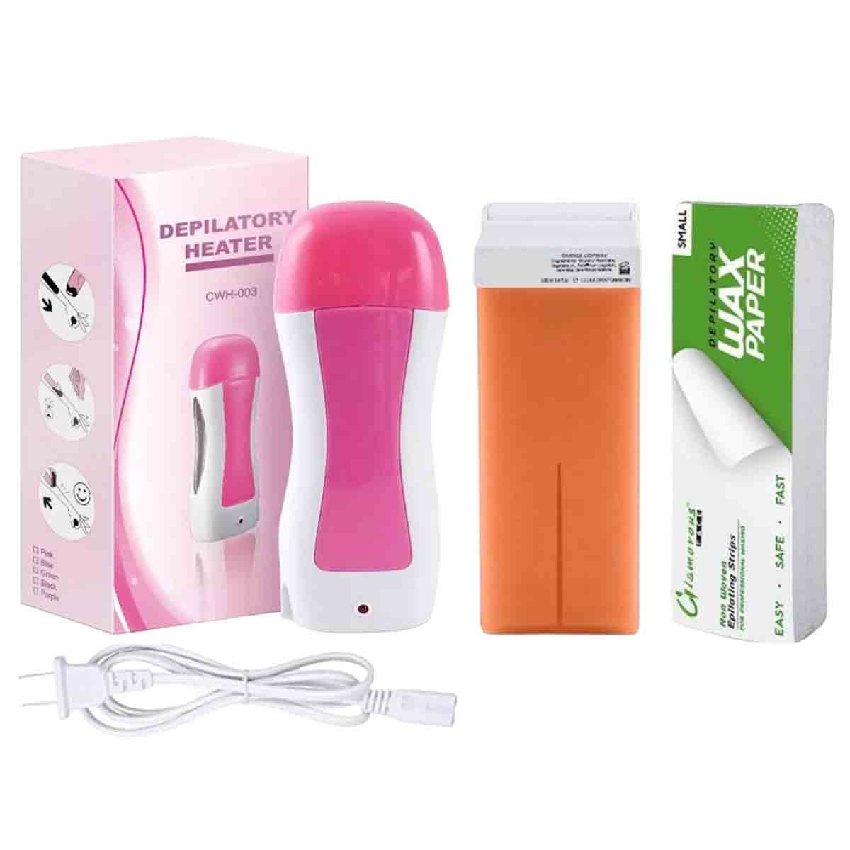 ✨💖 3-in-1 Depilatory Wax Heater Kit 🌸 Roll-On Hair Removal Set with Heater, Wax Refill & Strips 🪒 | Smooth Salon-Style Care at Home ✨