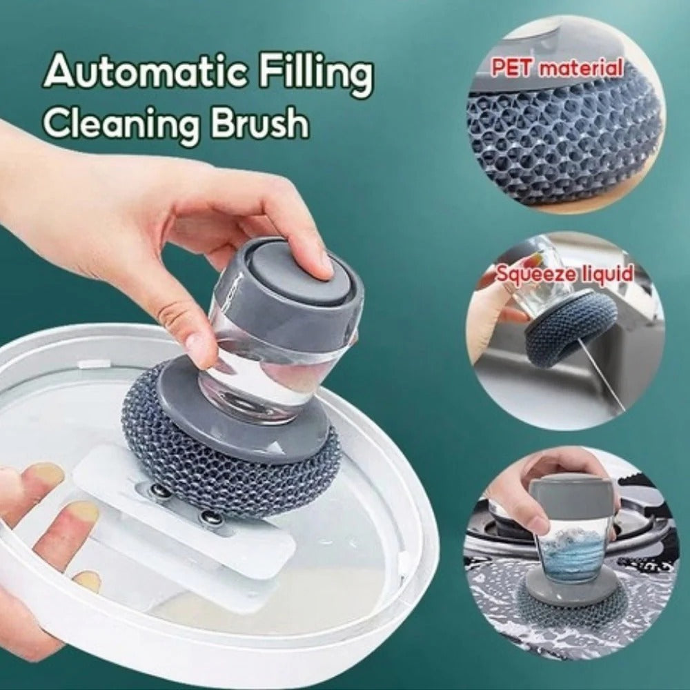 🧼✨ Kitchen Soap Dispensing Palm Brush 🍽️ Easy Press Dish Scrubber 🫧 | Non-Scratch Cleaning for Pots, Pans & Sinks 💪