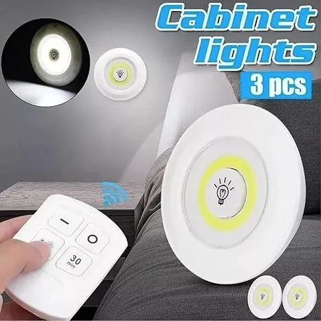 💡✨ Pack of 3 LED Remote Control Lights Tap Lights with Self-Adhesive 🔆 | Perfect for Cabinet, Wardrobe & Kitchen 🏠