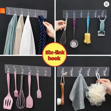 🪝✨ 6-Row Transparent Wall Hooks 🏠 Self-Adhesive Multi-Purpose Hanger 🔑 | Perfect for Clothes, Towels & Kitchen Storage 🚿🔥