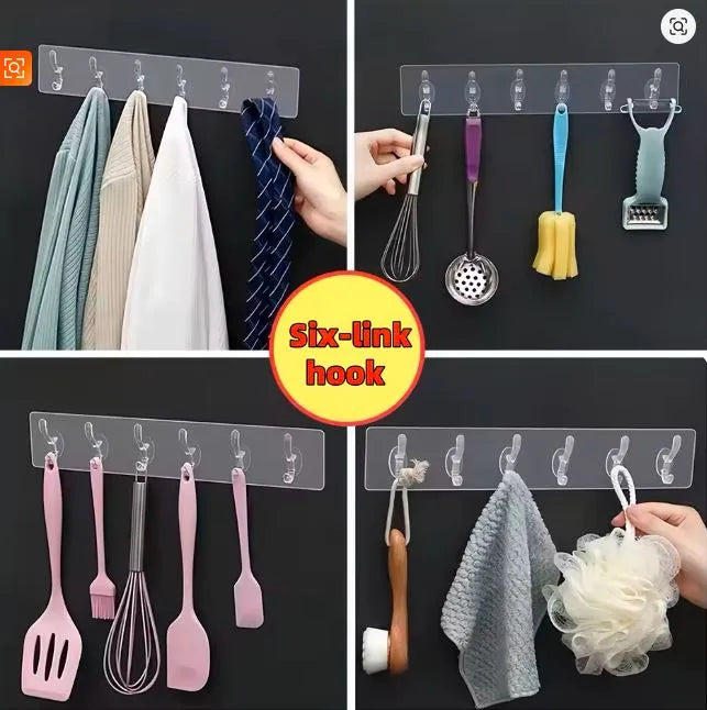 🪝✨ 6-Row Transparent Wall Hooks 🏠 Self-Adhesive Multi-Purpose Hanger 🔑 | Perfect for Clothes, Towels & Kitchen Storage 🚿🔥