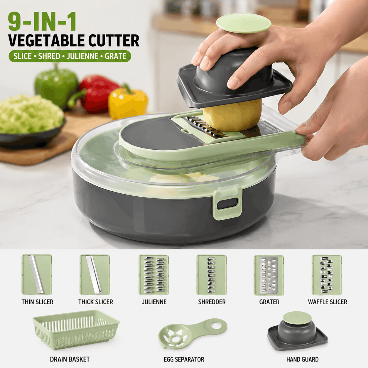 9-in-1 Mandoline Slicer with Interchangeable Stainless Steel Blades