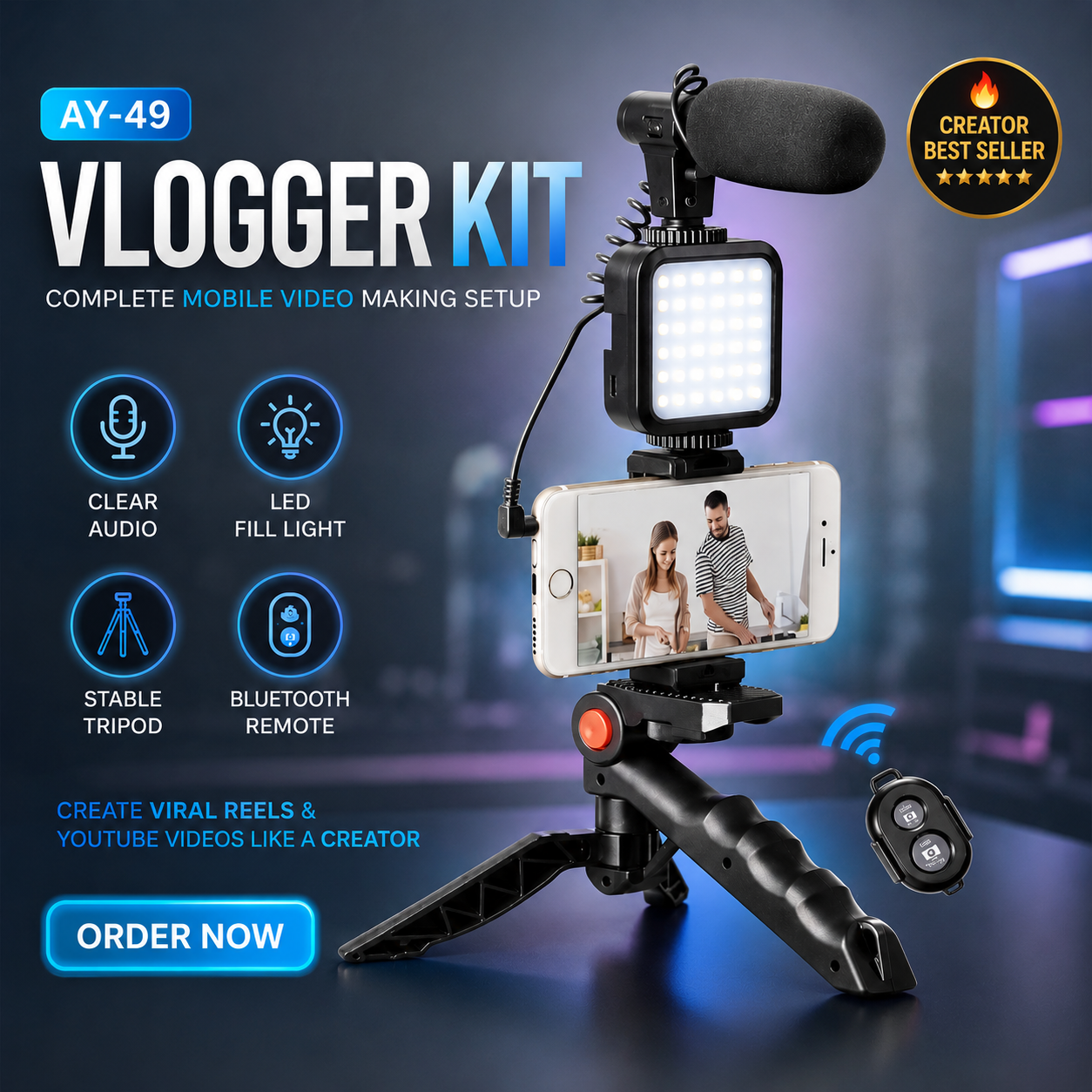 🎥✨ AY-49 Vlogger Kit 📱 Mic 🎤, LED Light 💡, Mini Tripod & Mobile Holder 🔄 | Complete Video Making Setup for Vlogging & Reels 🔥