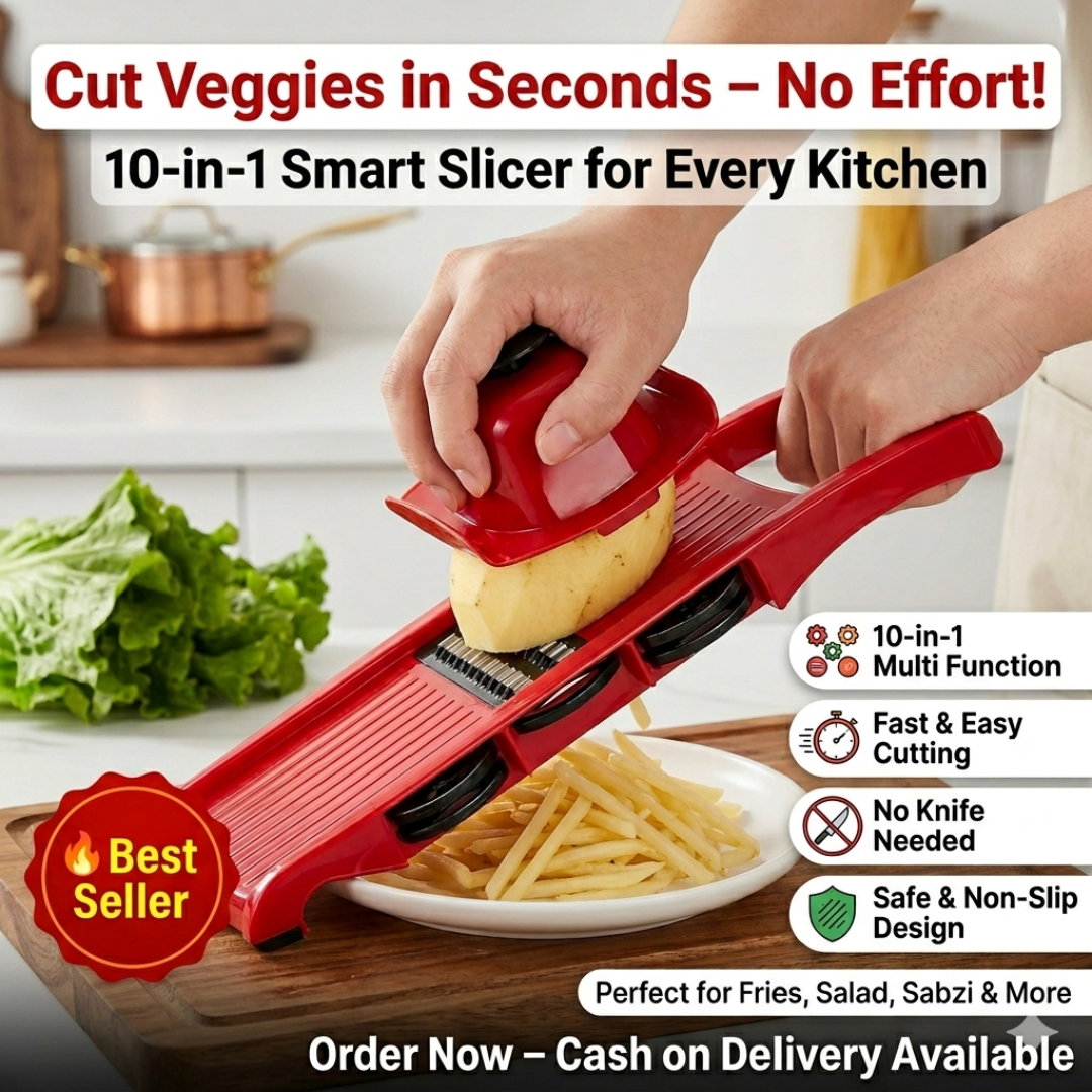 🥕🔪 10 in 1 Mandolin Slicer Vegetable Cutter – 🧑‍🍳 Stainless Steel Blade Manual Kitchen Tool 🍅✨ | Potato Peeler 🥔, Carrot 🥕, Cheese 🧀 Grater & More 🍽️🔥 (Red Color ❤️)