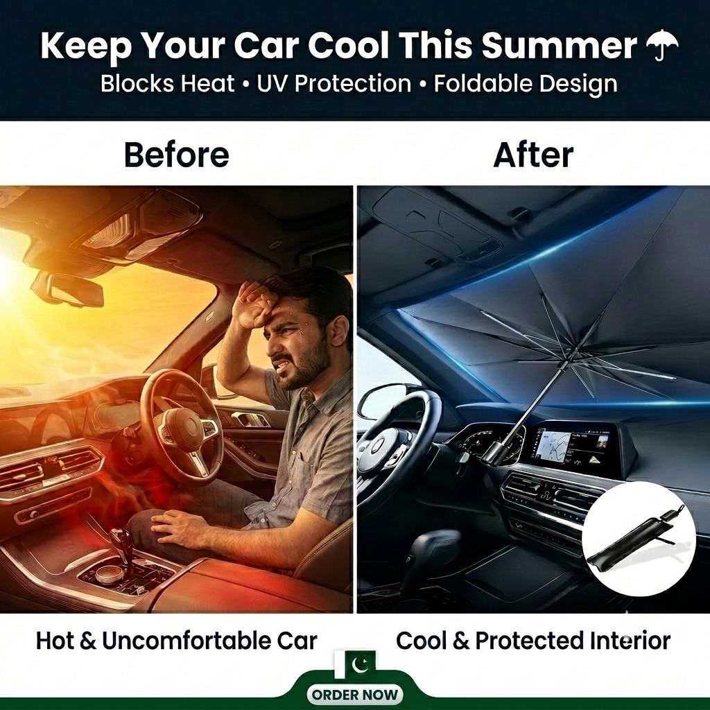 🌞🚘 Car Windshield Sun Shade Umbrella ☂️ Premium Foldable Heat & UV Protection Cover ❄️ | Protects Dashboard & Keeps Interior Cool ✨