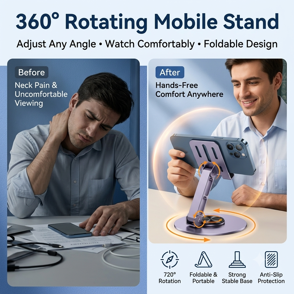 📱✨ 360° Rotating Mobile & Tablet Stand 🔄 Foldable Lazy Phone Holder 💻 | Adjustable Desktop Stand for Watching, Study & Live Streaming 🎥🔥 | Random Color 🎨