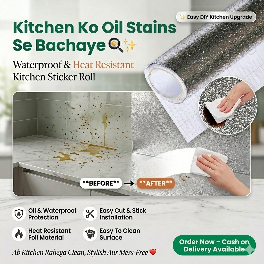✨🍳 Self-Adhesive Kitchen Oil-Proof Sticker Roll 🏠 Waterproof Aluminium Foil Sheet 💧🛡️ | DIY Kitchen Wallpaper 🔥 | 45×150cm 📏