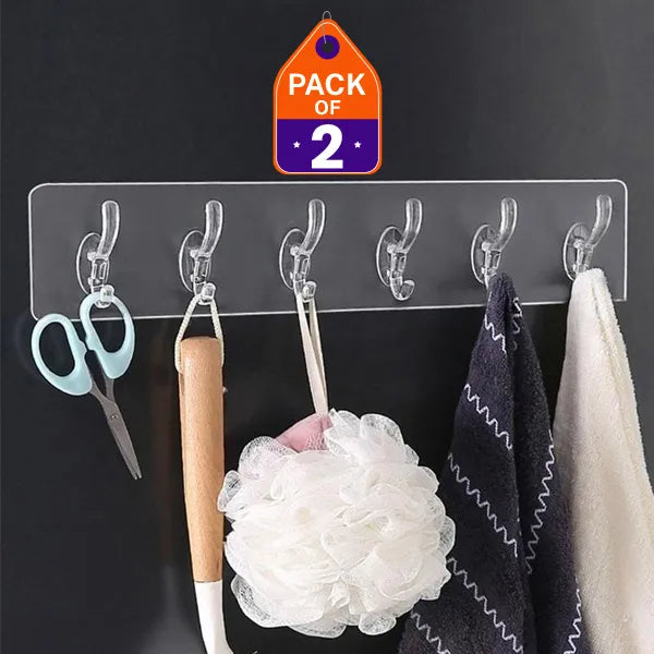 🪝✨ 6-Row Transparent Wall Hooks 🏠 Self-Adhesive Multi-Purpose Hanger 🔑 | Perfect for Clothes, Towels & Kitchen Storage 🚿🔥