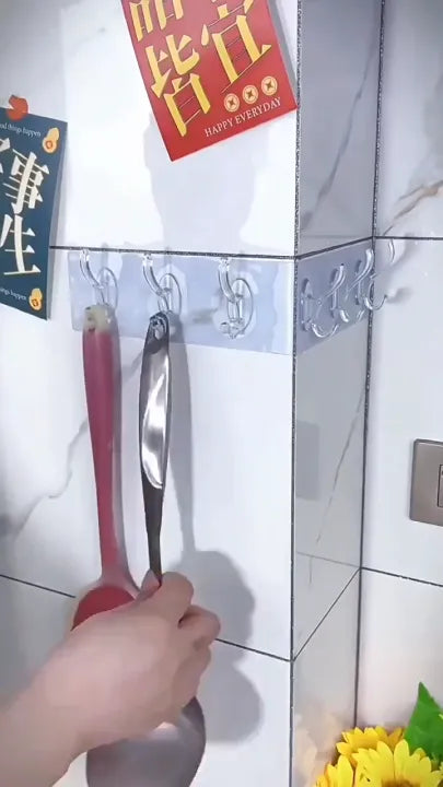 🪝✨ 6-Row Transparent Wall Hooks 🏠 Self-Adhesive Multi-Purpose Hanger 🔑 | Perfect for Clothes, Towels & Kitchen Storage 🚿🔥
