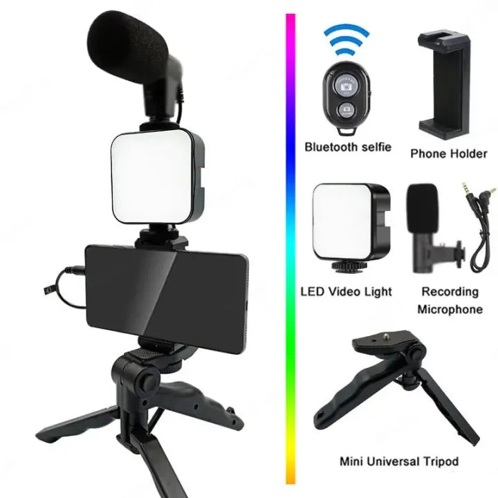 🎥✨ AY-49 Vlogger Kit 📱 Mic 🎤, LED Light 💡, Mini Tripod & Mobile Holder 🔄 | Complete Video Making Setup for Vlogging & Reels 🔥