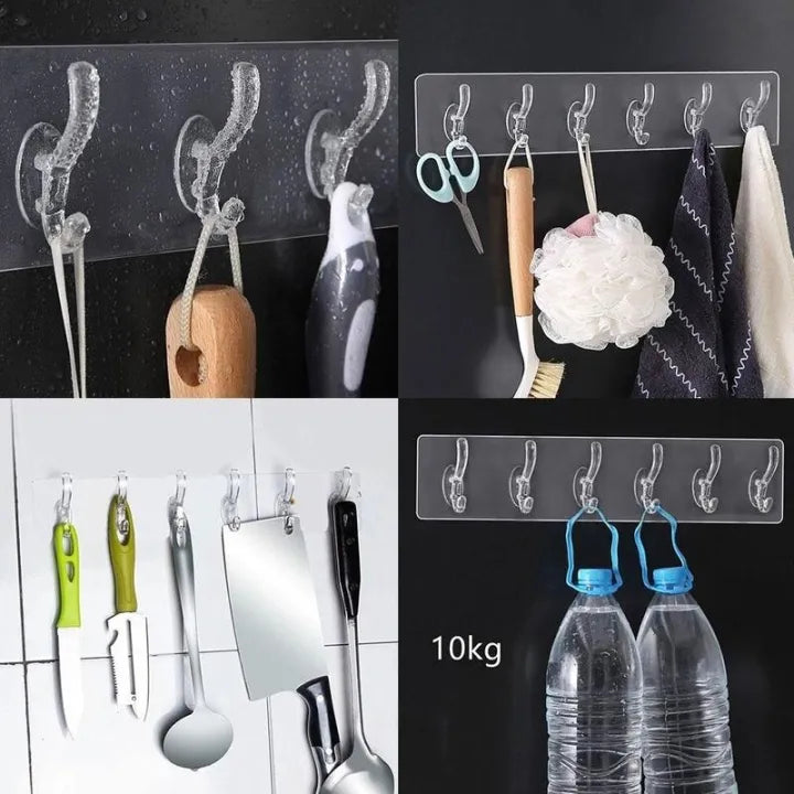 🪝✨ 6-Row Transparent Wall Hooks 🏠 Self-Adhesive Multi-Purpose Hanger 🔑 | Perfect for Clothes, Towels & Kitchen Storage 🚿🔥