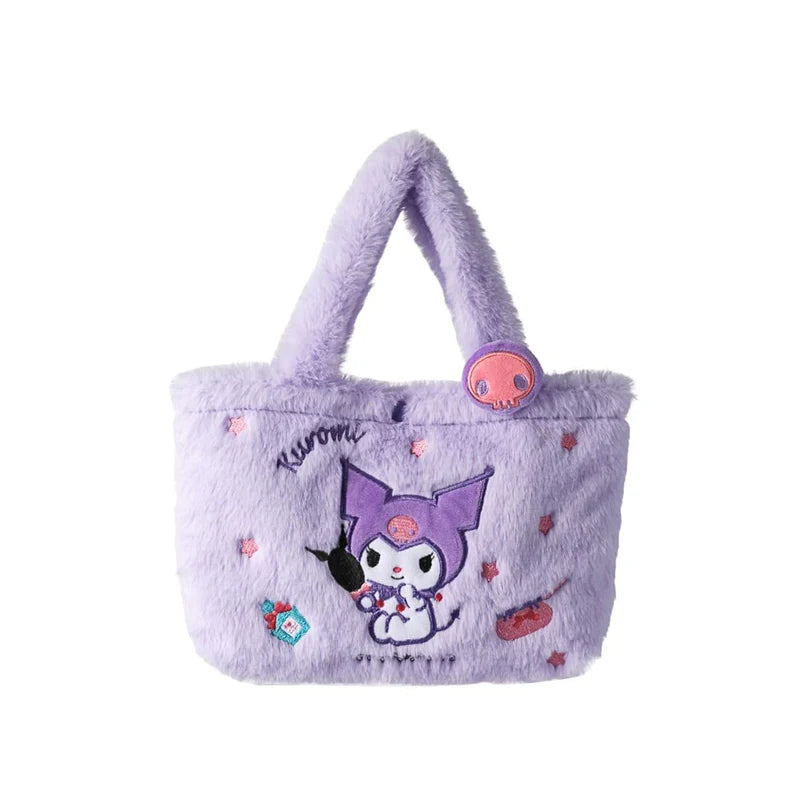 Cute Sanrio plush tote bag with soft fabric and kawaii character design for everyday use.