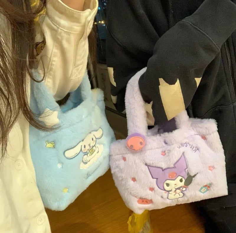 Adorable Sanrio plush handbag featuring a cute cartoon-inspired design and soft texture.