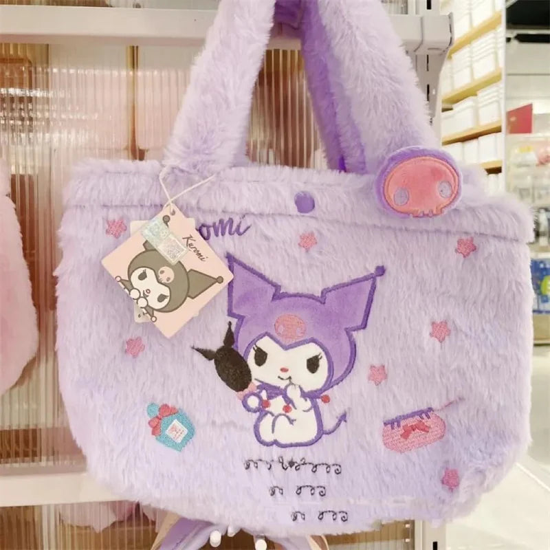 Kawaii Sanrio plush shoulder bag for women and girls, perfect for shopping, school, and travel.