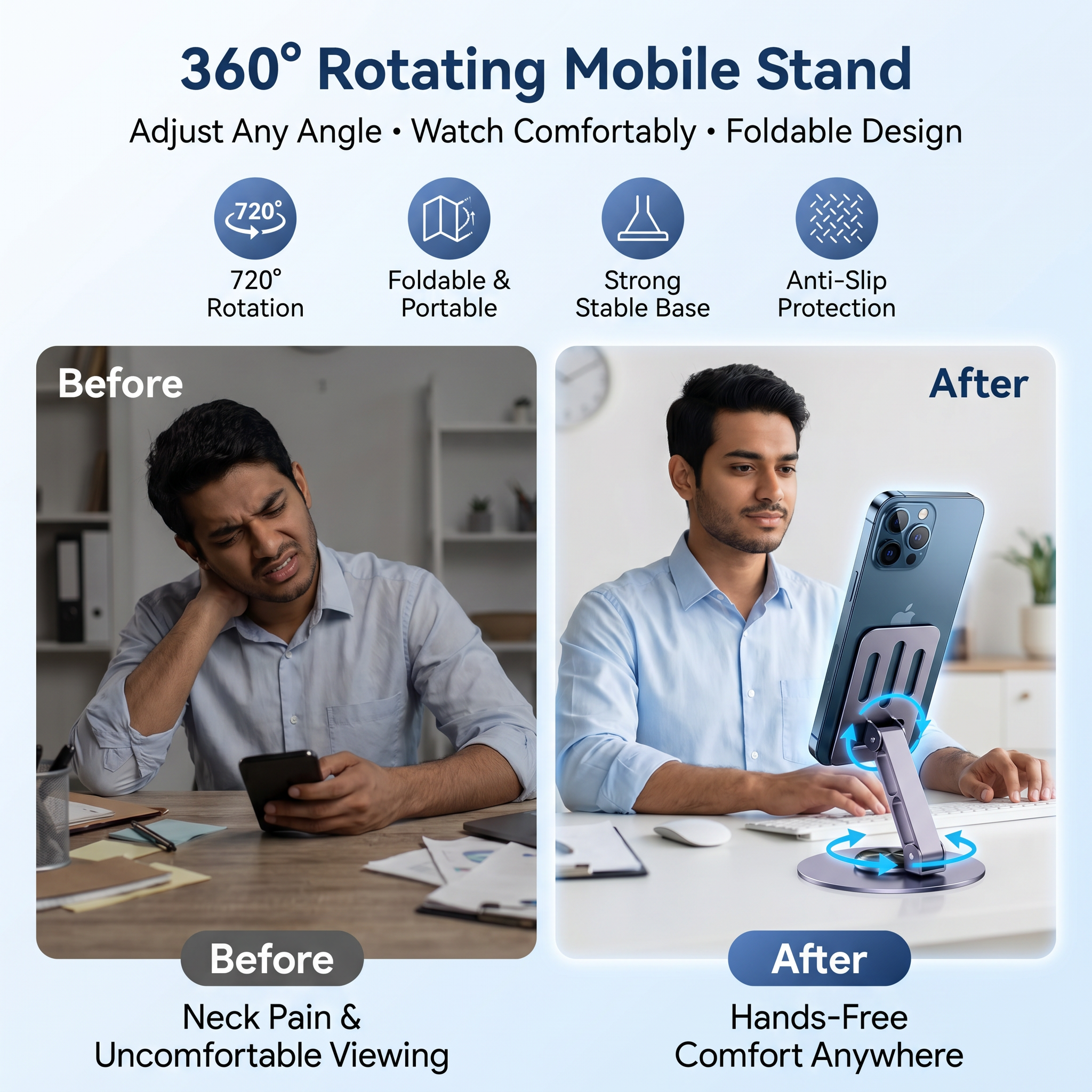📱✨ 360° Rotating Mobile & Tablet Stand 🔄 Foldable Lazy Phone Holder 💻 | Adjustable Desktop Stand for Watching, Study & Live Streaming 🎥🔥 | Random Color 🎨