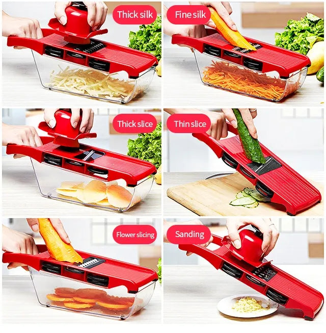 🥕🔪 10 in 1 Mandolin Slicer Vegetable Cutter – 🧑‍🍳 Stainless Steel Blade Manual Kitchen Tool 🍅✨ | Potato Peeler 🥔, Carrot 🥕, Cheese 🧀 Grater & More 🍽️🔥 (Red Color ❤️)