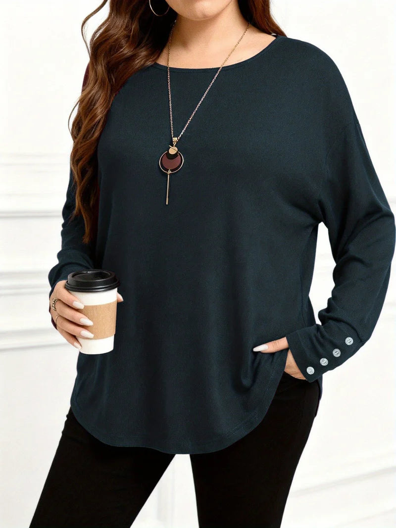 Plus-Size Women's Solid Color Long Sleeve Casual Top with Comfortable Relaxed Fit