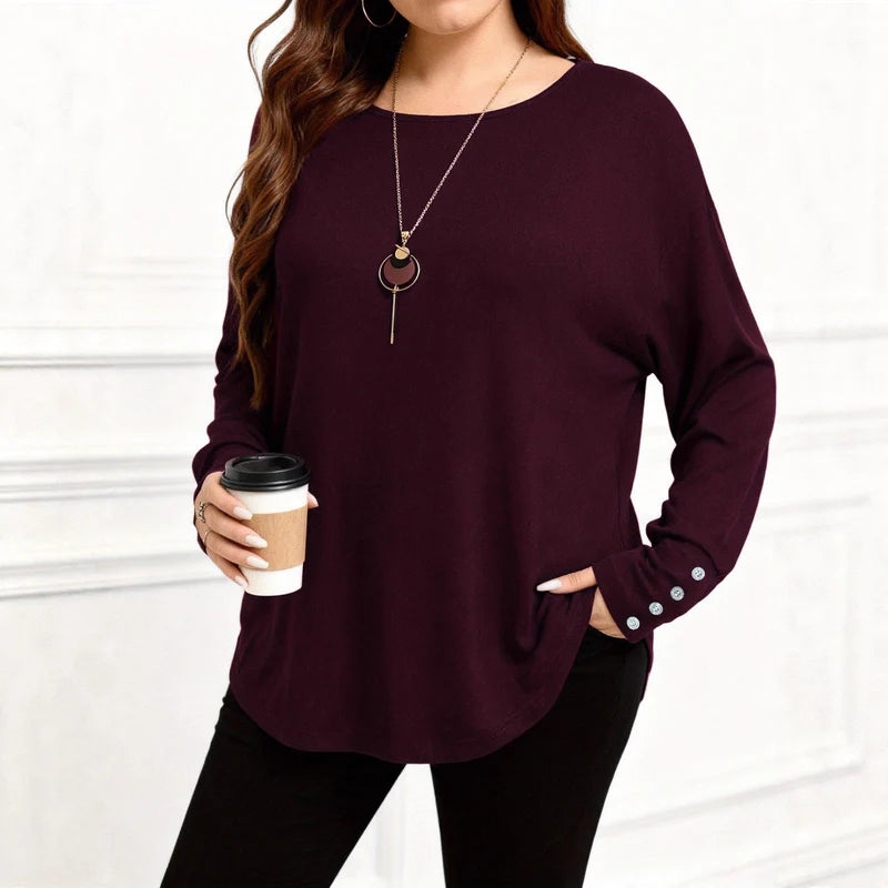 Plus-Size Women's Solid Color Long Sleeve Casual Top with Comfortable Relaxed Fit