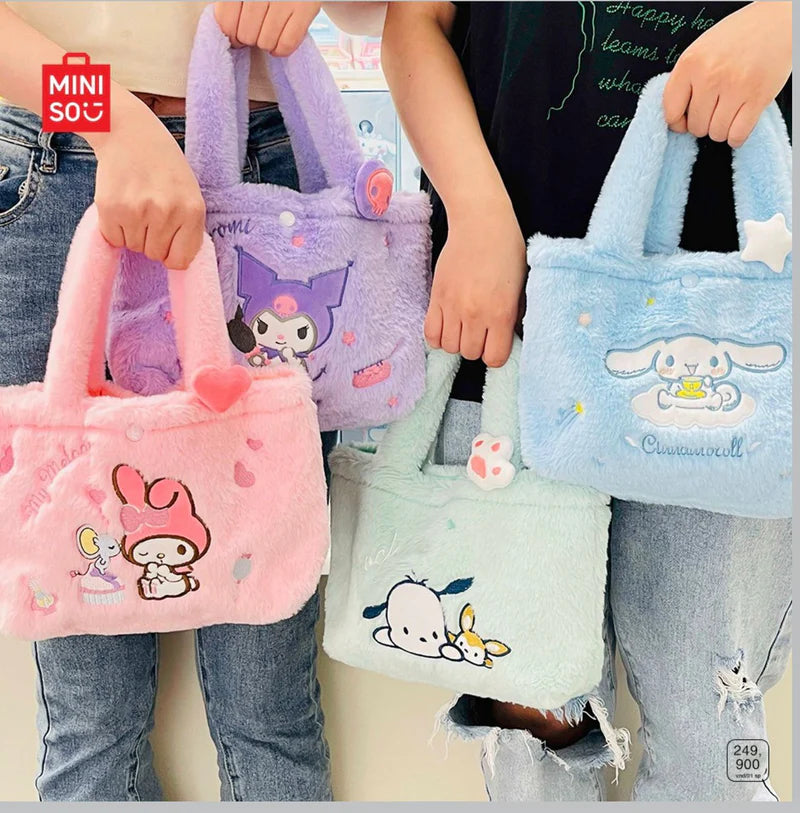 Cute Sanrio plush tote bag with soft fabric and kawaii character design for everyday use.