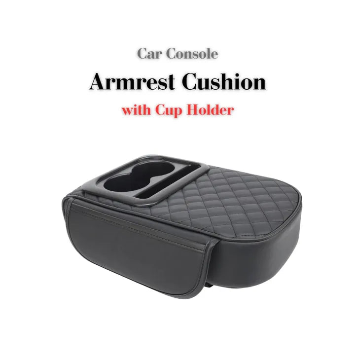 🚗🖤 Car Armrest Cushion with Cup Holder ✨ Comfortable Driving Support 💺 | Built-In Storage & Drink Holder 🥤🔥