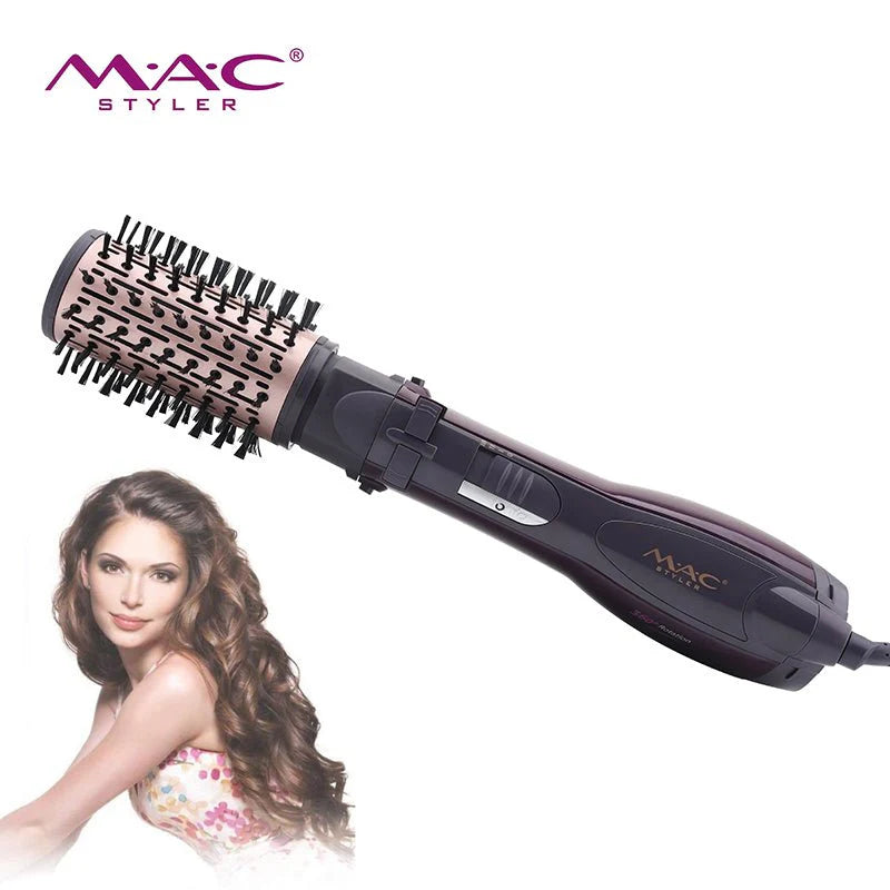 Professional MAC hot air hair dryer brush with multiple styling attachments for all hair types.