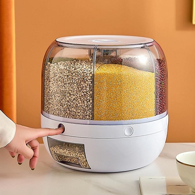 Rotating Food Storage Dispenser with Airtight 6-Grid Grain Storage Container